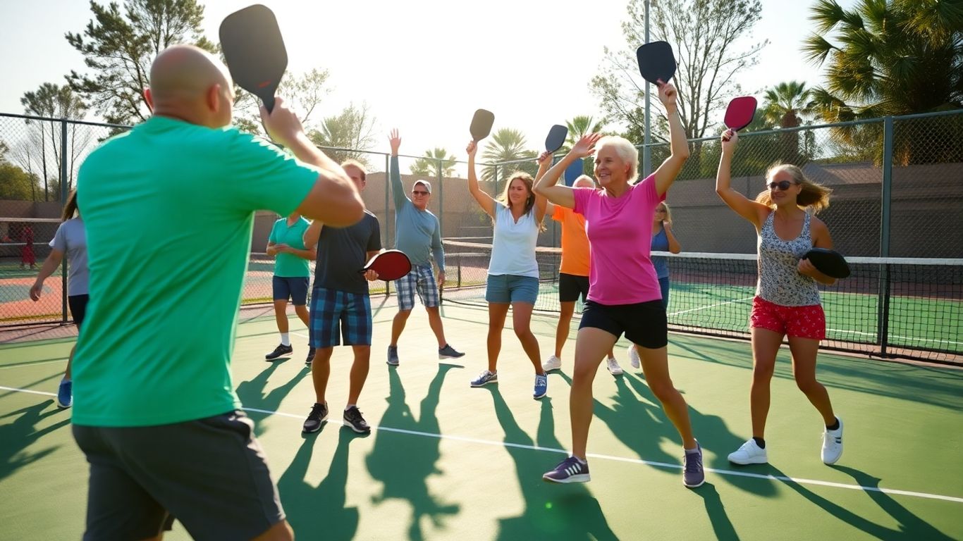 Pickleball clinic with players of all skill levels on court.