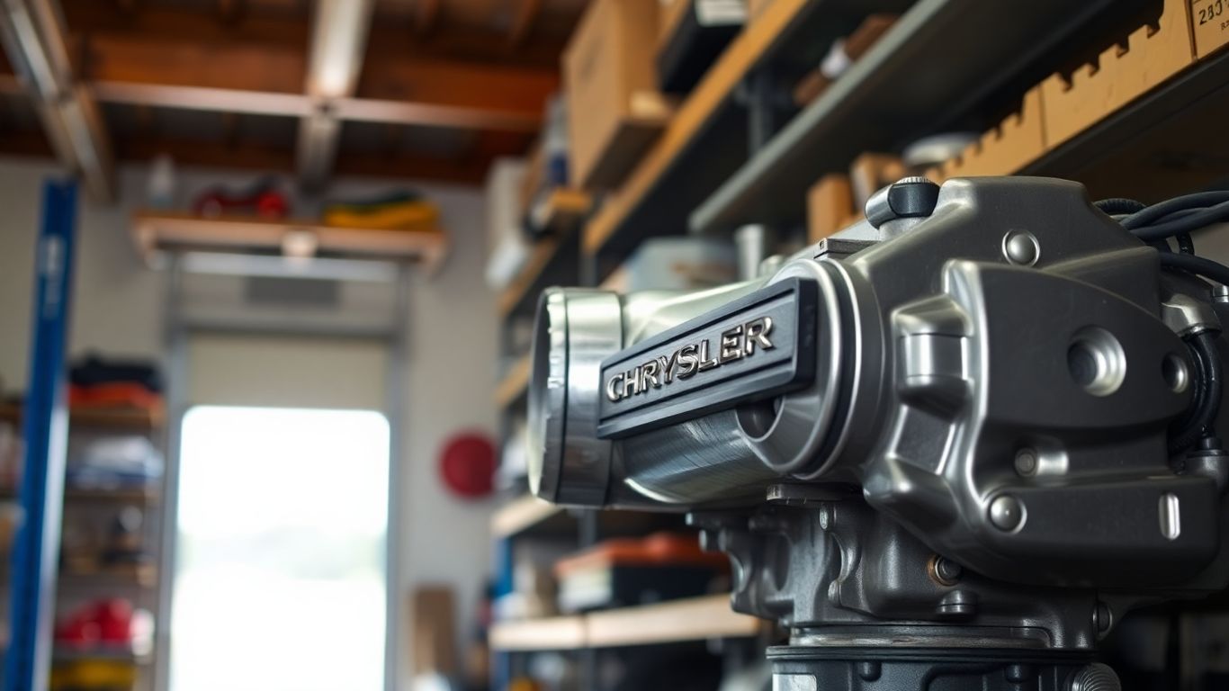 Used Chrysler car parts in a clean garage setting.