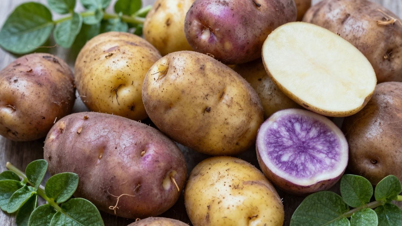 Verschillende biologische aardappelen met bladeren