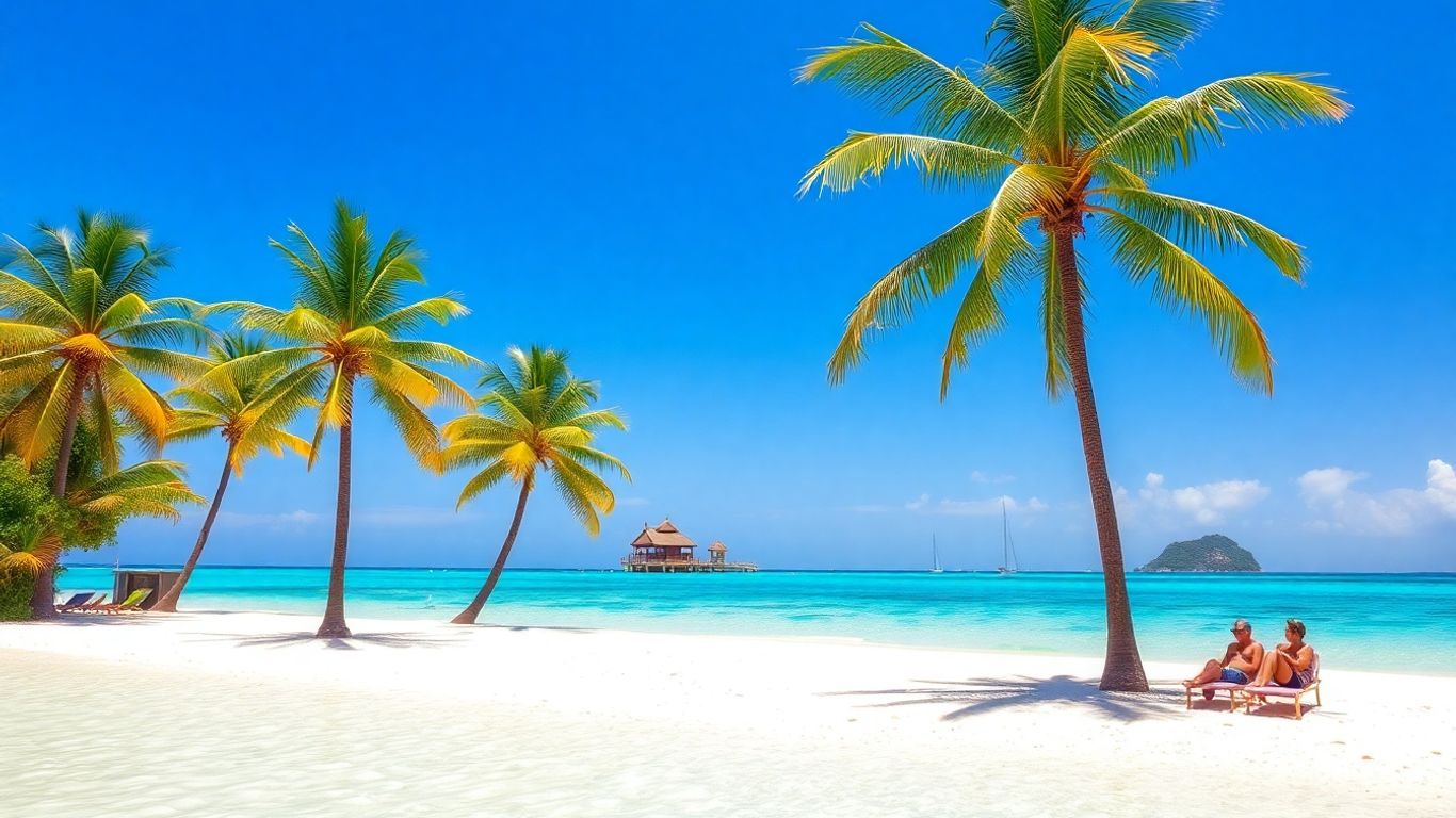 Beach with palm trees and clear blue water.