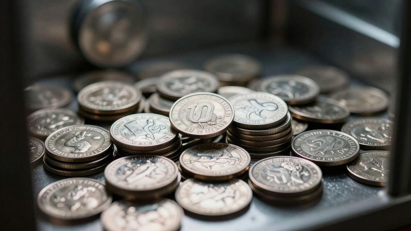 Pièces et lingots d'argent dans un coffre.