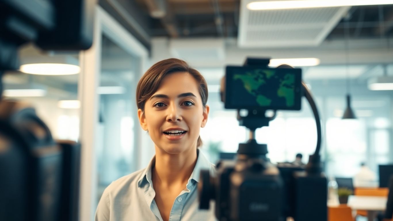 Personne parlant à la caméra dans un bureau moderne