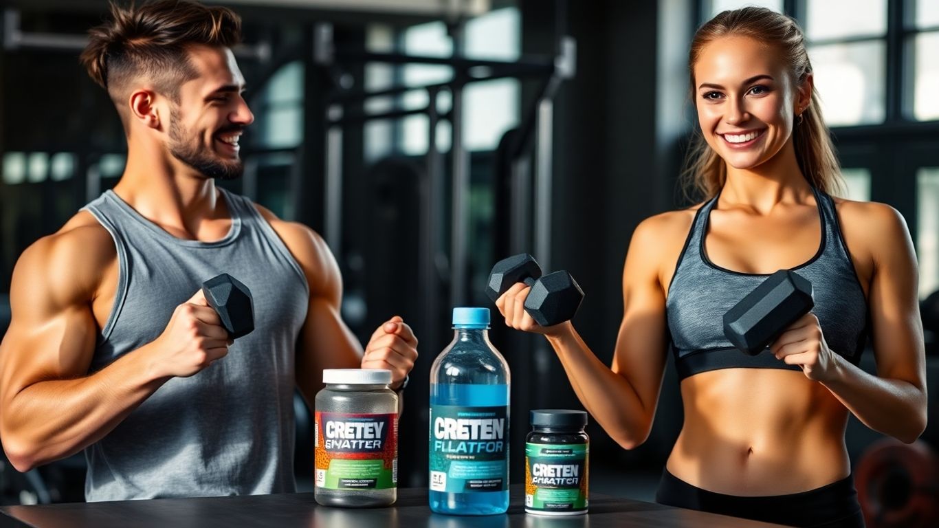Man and woman with creatine at the gym
