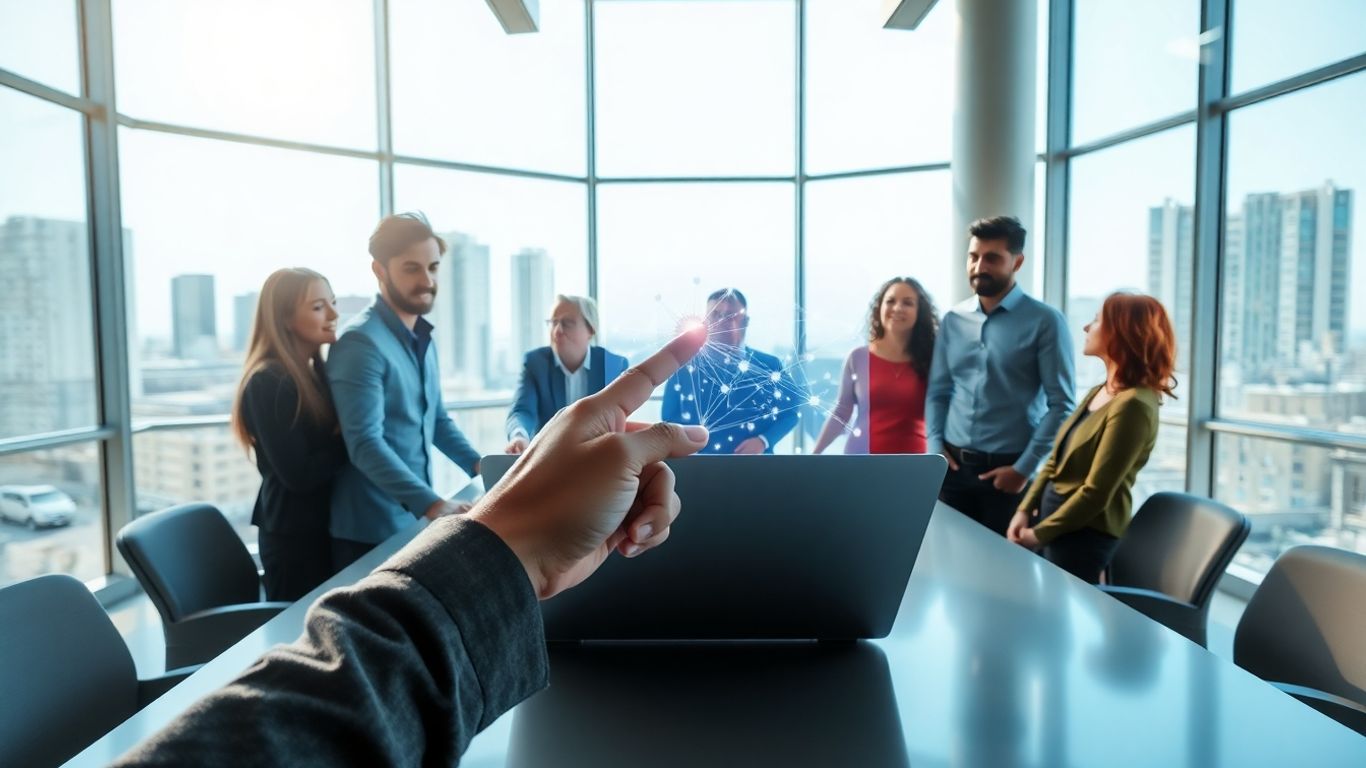 Profesionales colaborando en oficina moderna con tecnología.