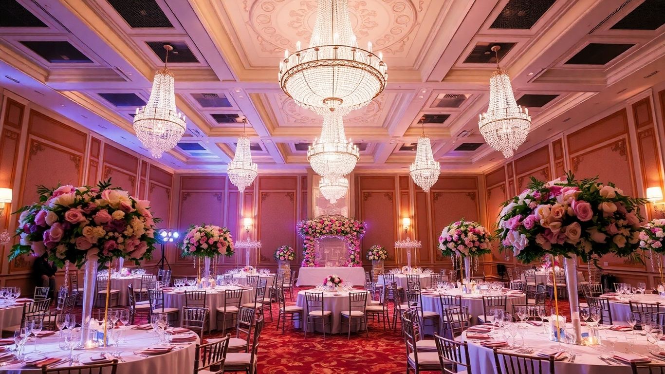 Elegant Dallas wedding venue with chandeliers and floral decor.