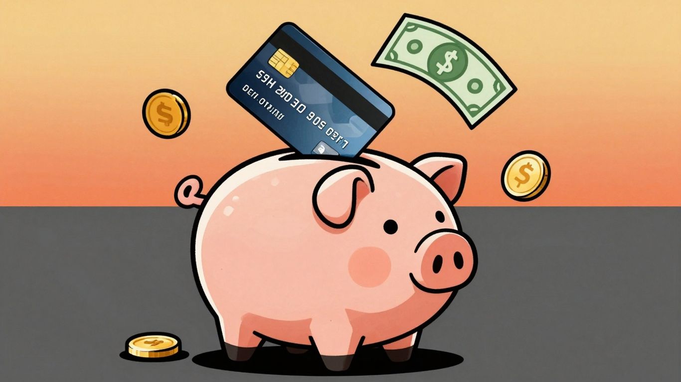 Cartoon piggy bank with credit card and money.