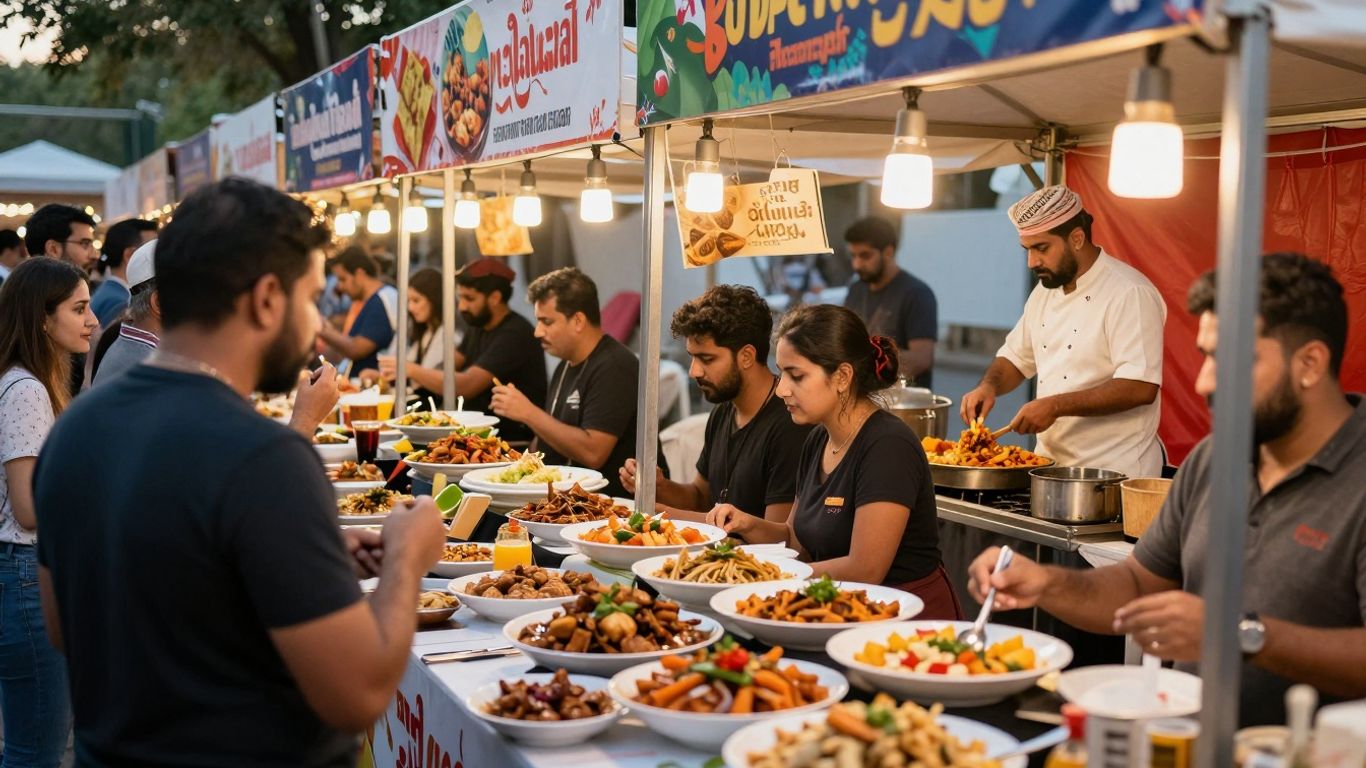 Oameni bucurându-se de mâncare la un festival culinar vibrant.