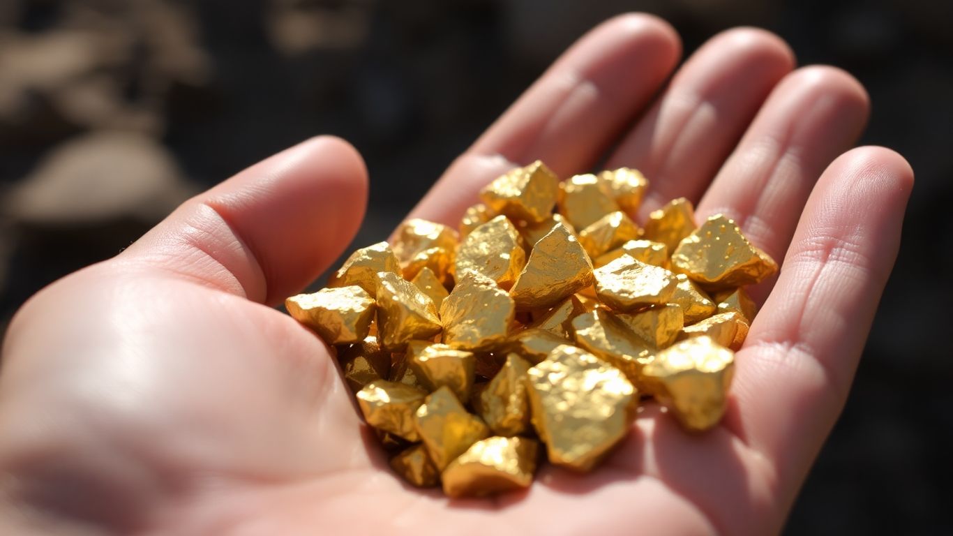 一只金色的手，手中握着未经加工的金块。