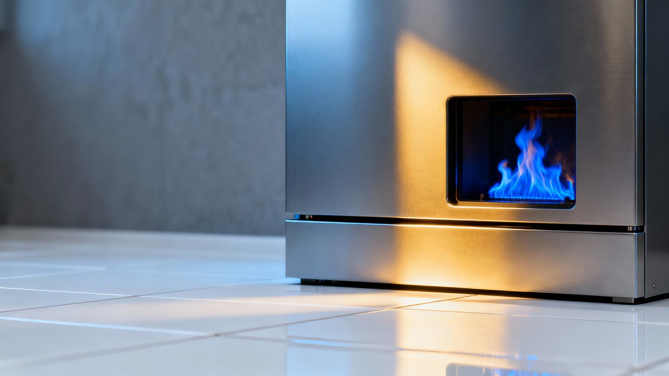Modern furnace with glowing blue flames and warm light.