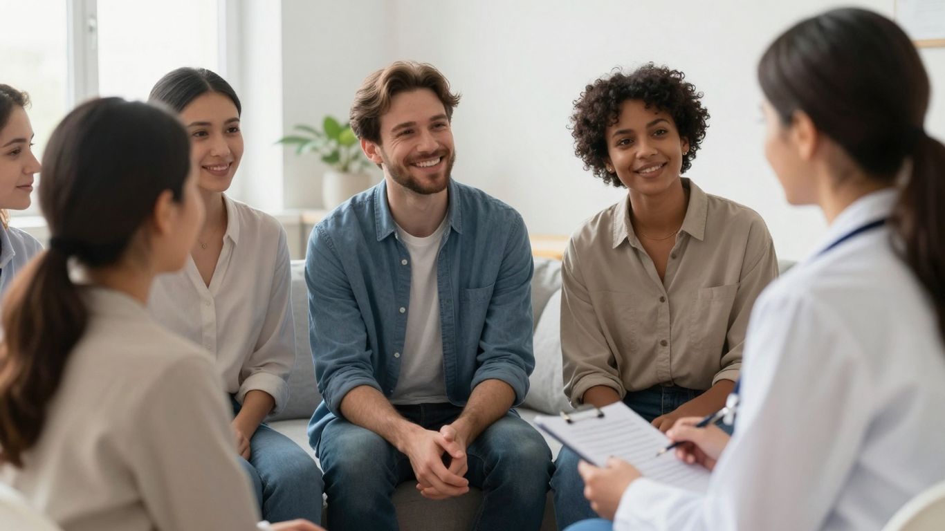 People connecting with mental health professionals in a supportive environment.