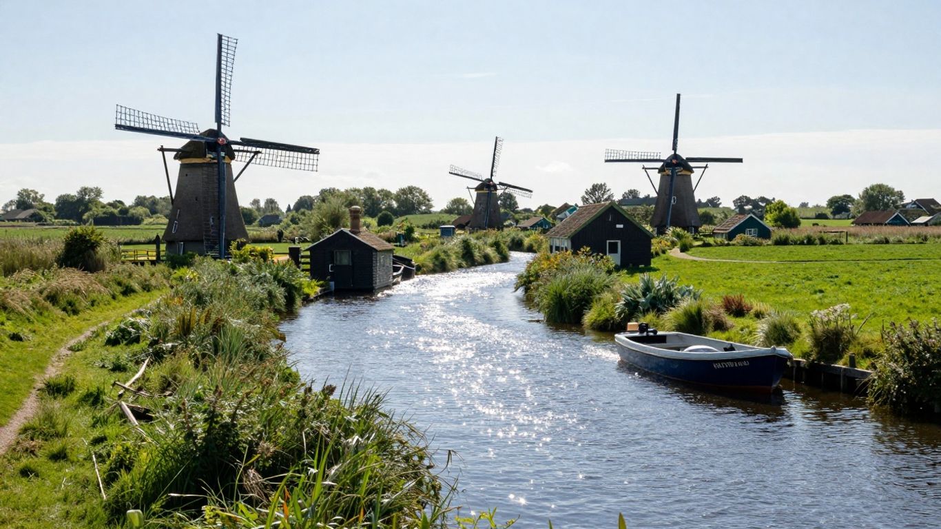Boats on the Norfolk Broads waterways with windmills.