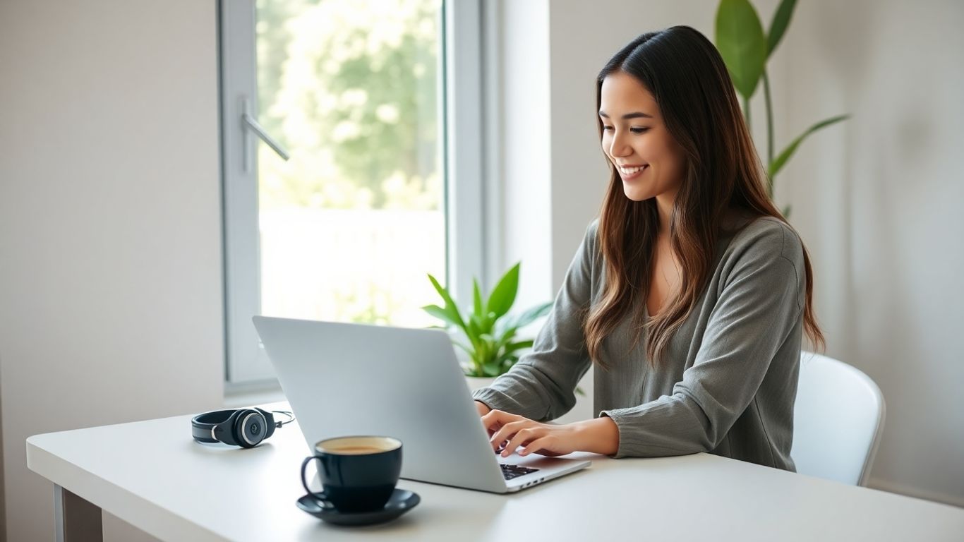 Australian woman typing remotely at her desk