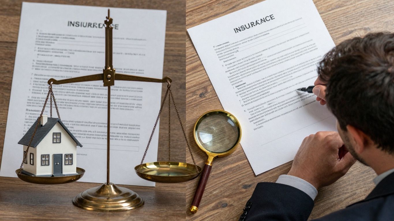 Balanza y persona analizando documento de seguro.