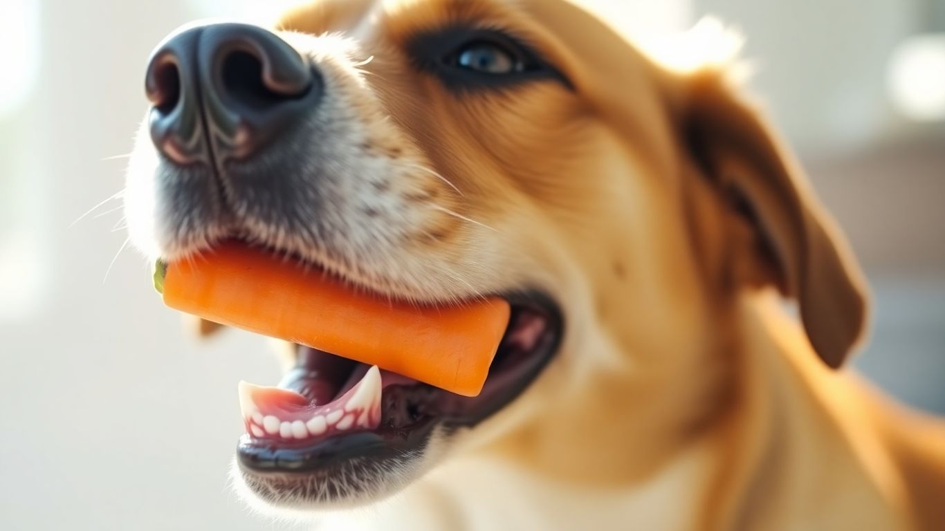 Dog eating a carrot stick.