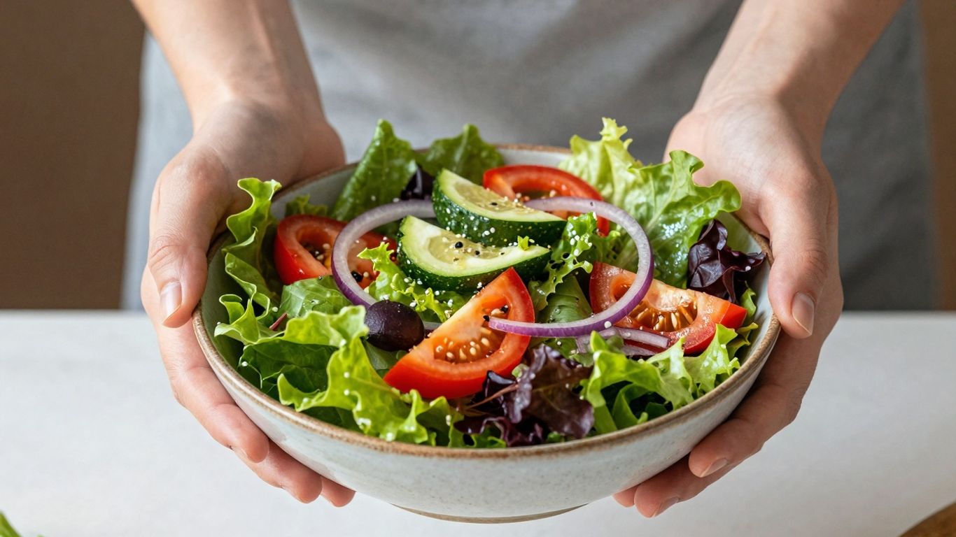 Hände halten eine Schüssel mit frischem Salat.