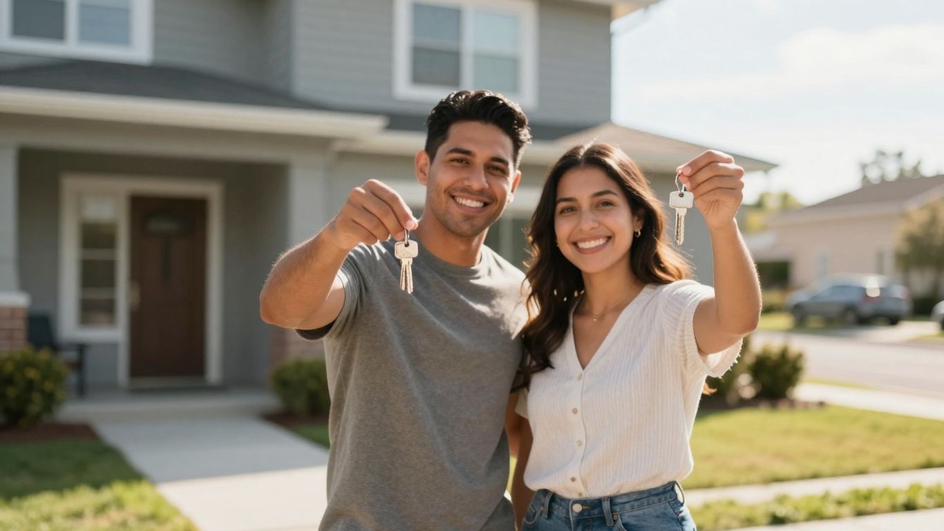 Couple holding keys in front of a new house.