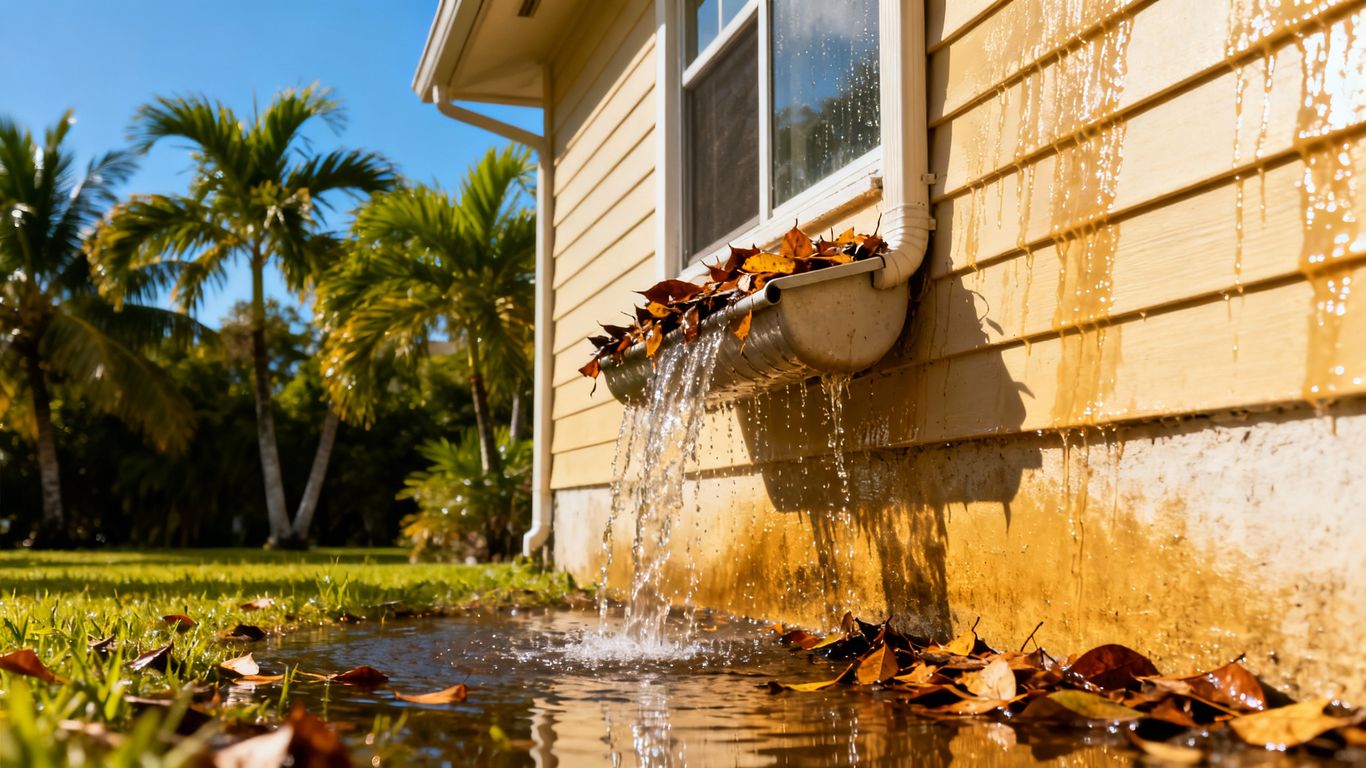 Miami home gutters clogged with leaves and water.