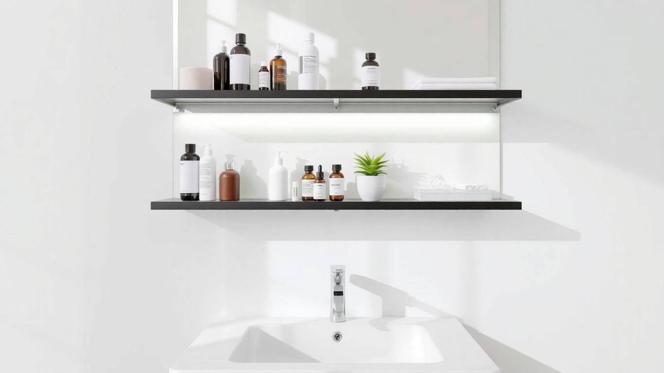 Bathroom sink shelf organizing toiletries