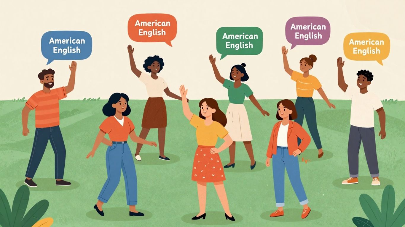 People practicing American English pronunciation with entertainment icons.