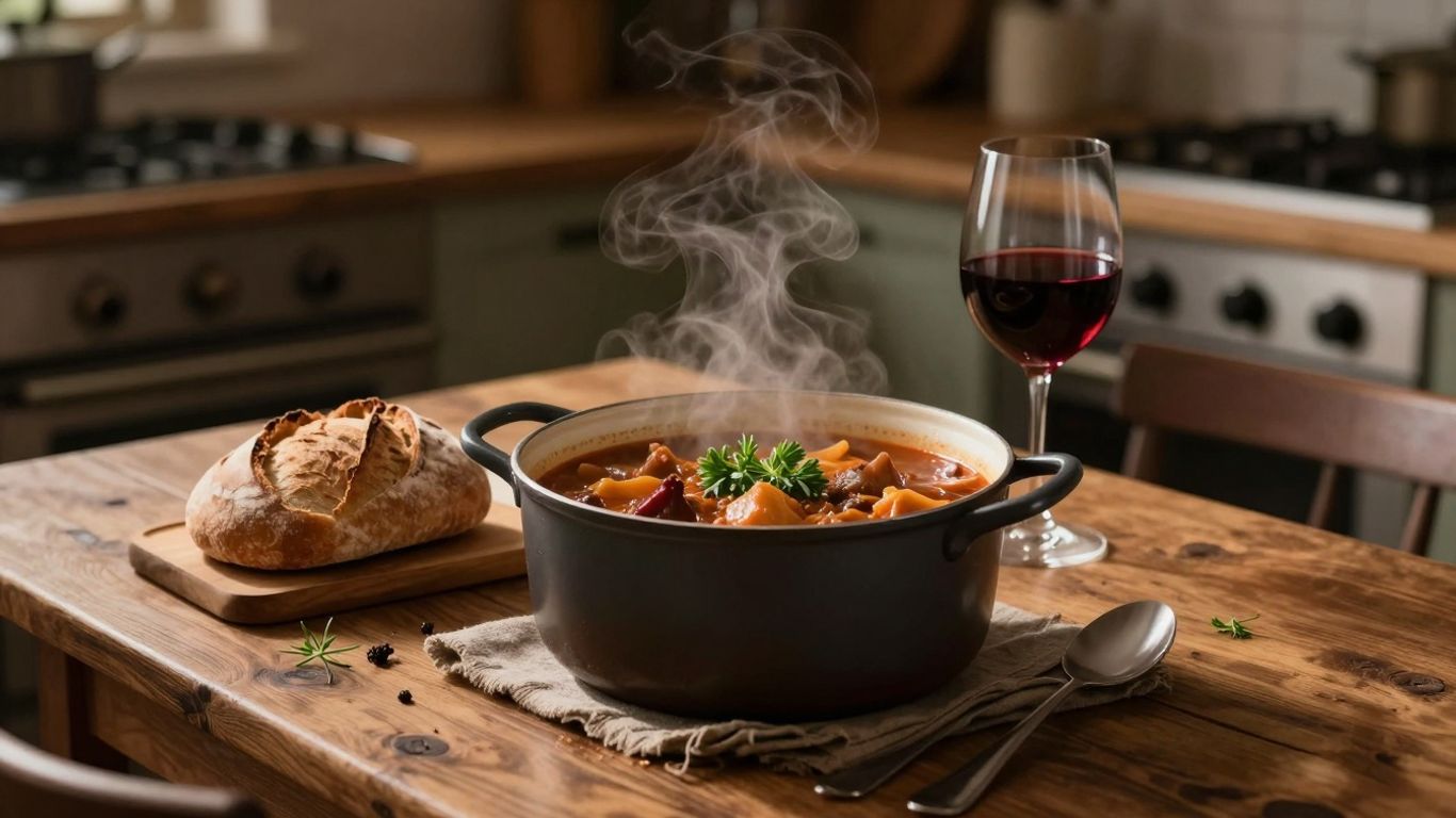 Herzhafter Eintopf mit Brot und Wein auf Holztisch.