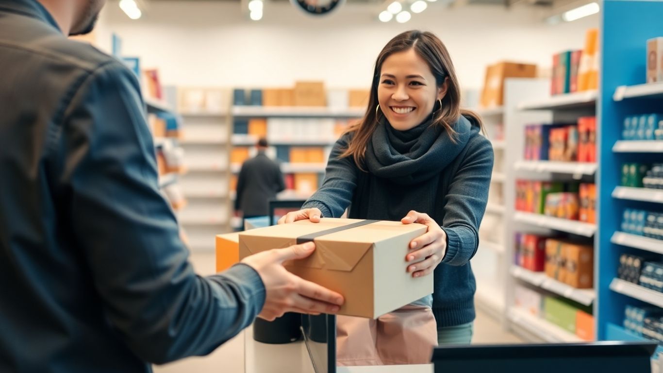 Customer picking up online order in store