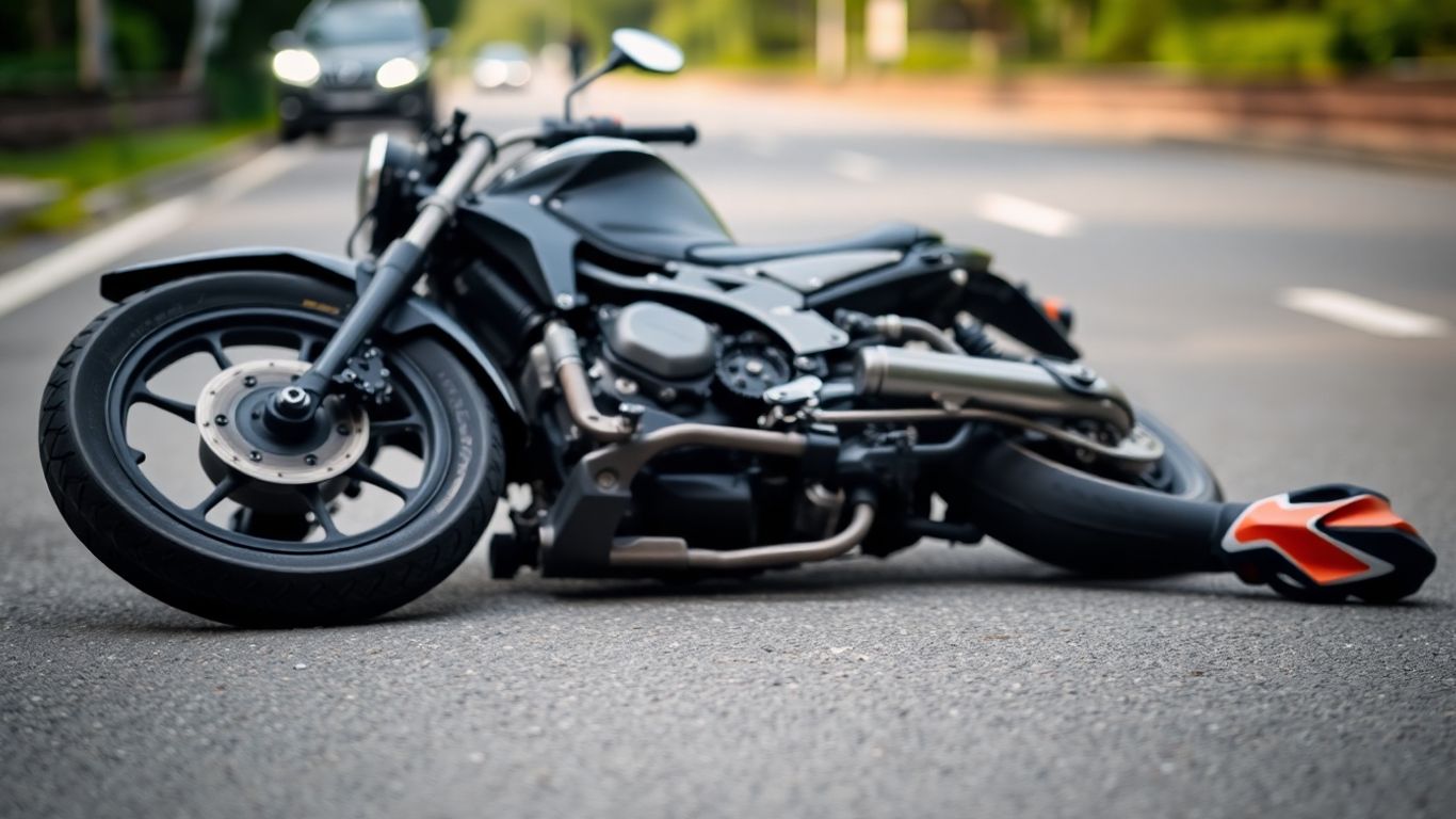 Motorcycle on its side after an accident.