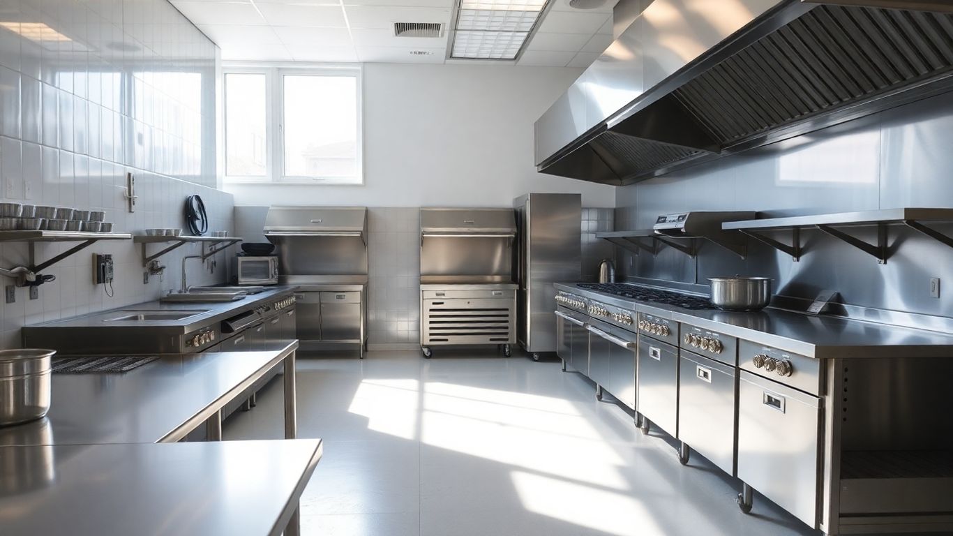 Modern commercial kitchen interior with stainless steel equipment.