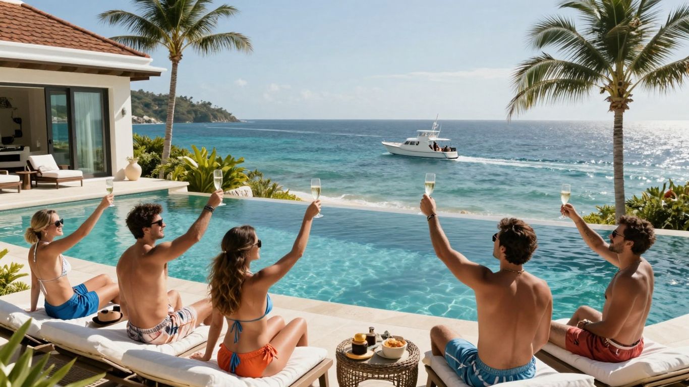 Cabo bachelor party villa, pool, ocean, and fishing boat.