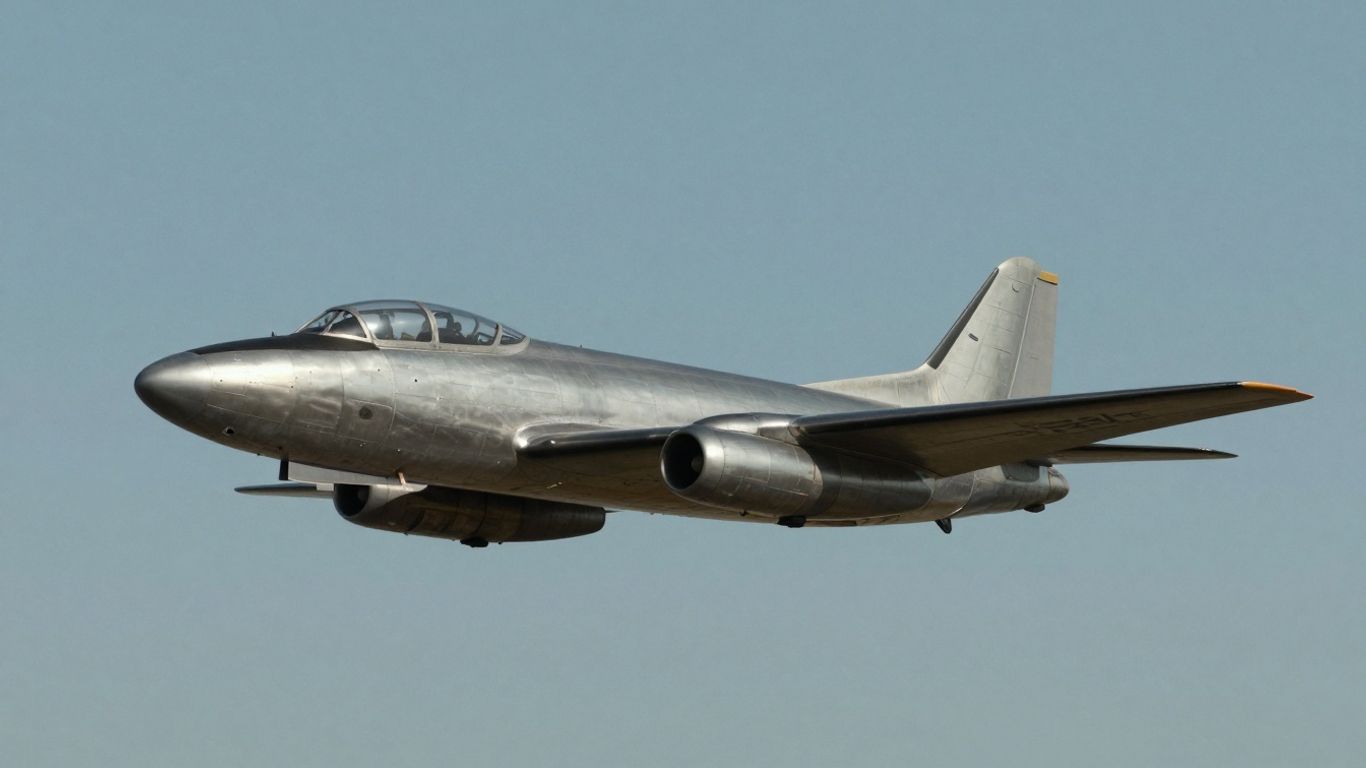 Early jet plane in flight, historical aviation.