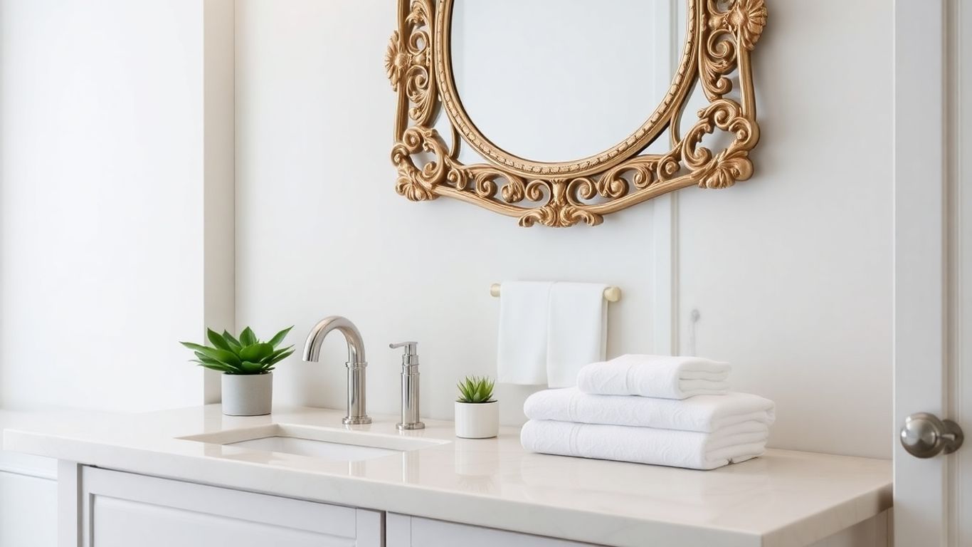 Elegant bathroom vanity with a statement mirror.