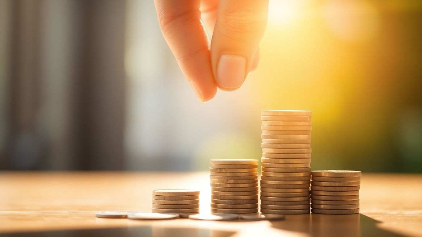 Mãos colocando moeda em pilha de moedas crescendo.