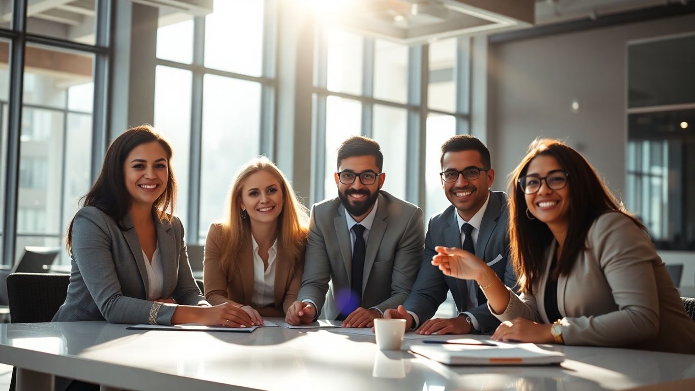 Pessoas em ambiente de trabalho colaborativo e moderno.