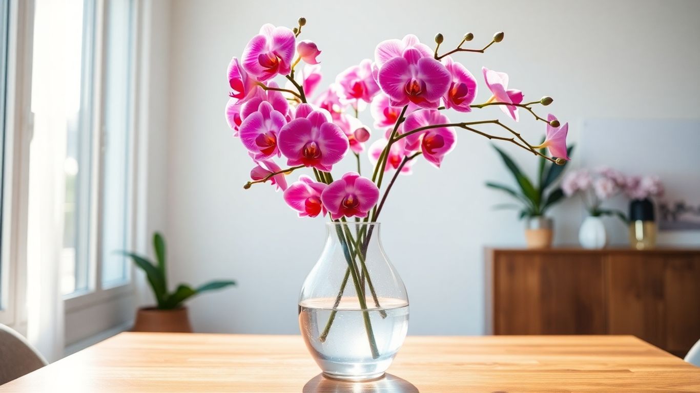 Orchids arranged in a crystal glass vase on table.