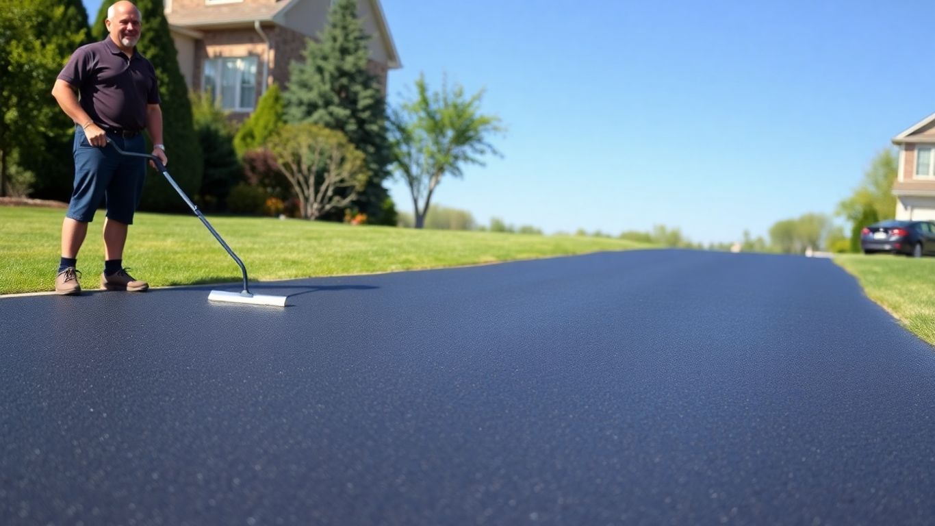 Newly sealed driveway with homeowner holding squeegee.