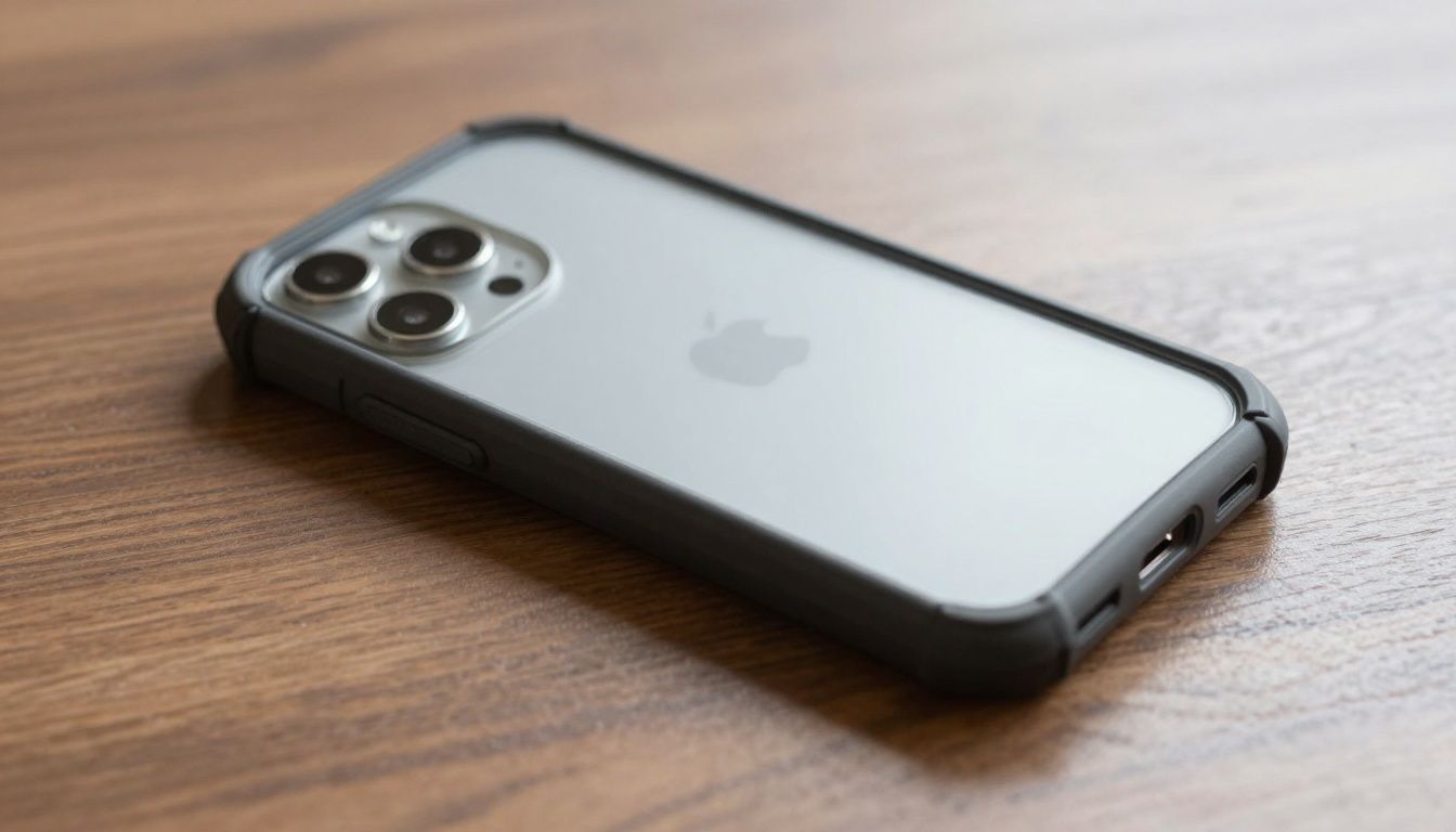 Photorealistic image of a neutral smartphone encased in a rugged protective case, lying on a wooden table after a simulated drop, with no visible branding