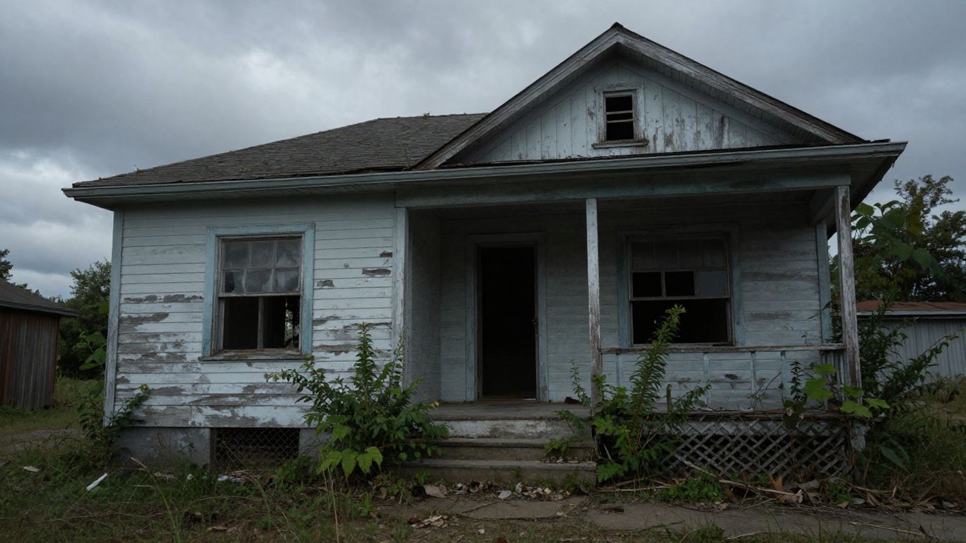 Abandoned house with broken windows and overgrown yard.
