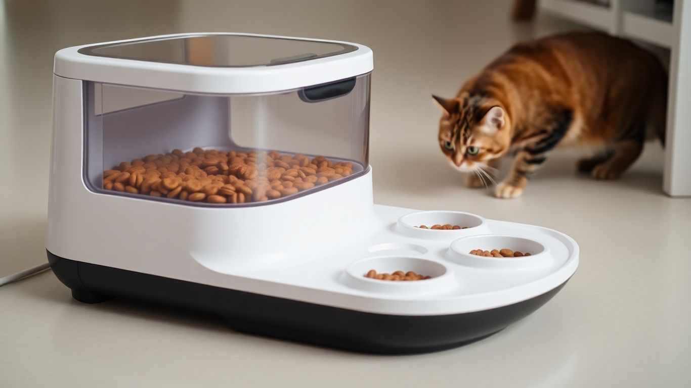 Automatic wet cat feeder with food bowls and a cat.