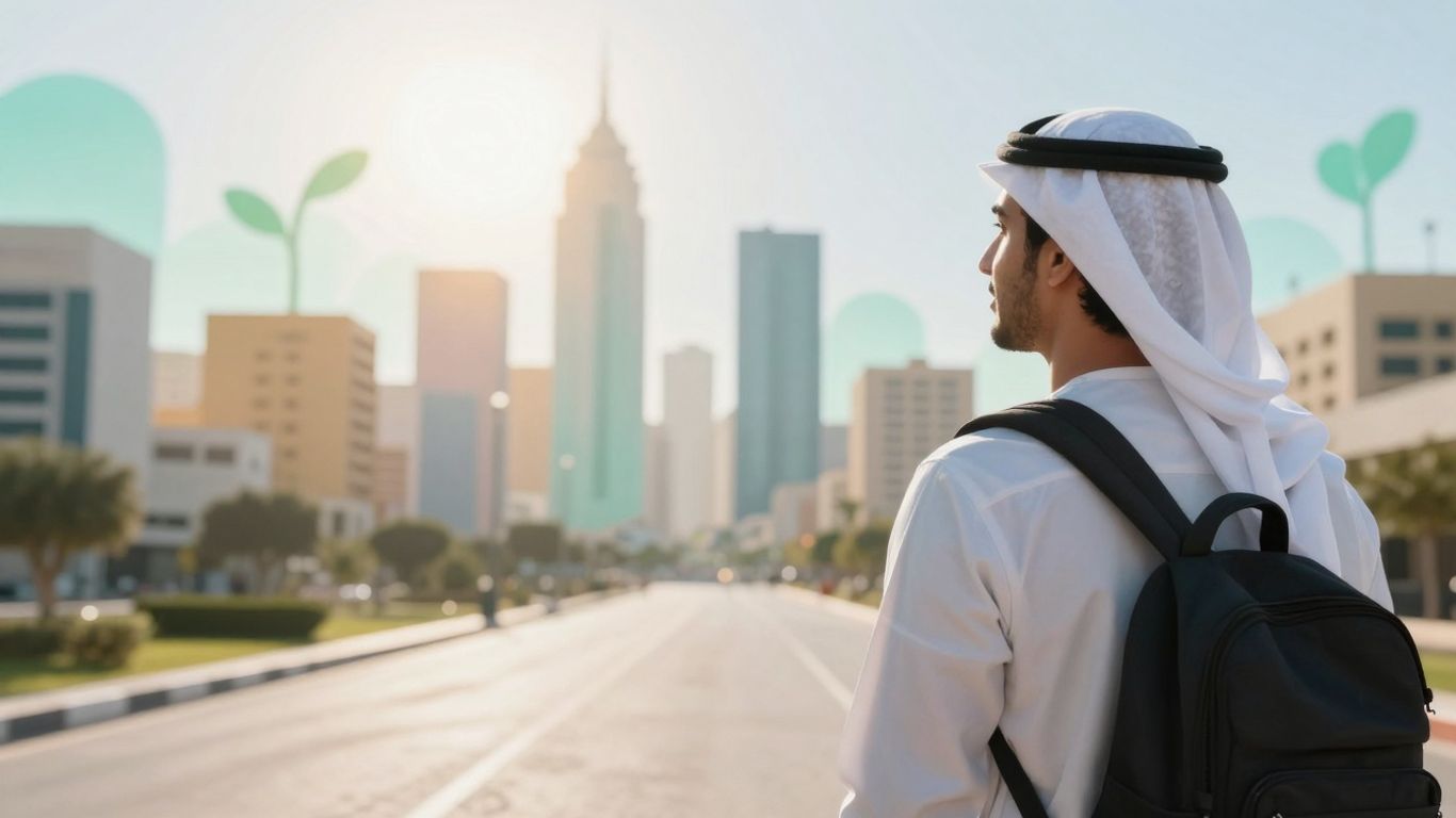 Person looking towards a bright future cityscape.