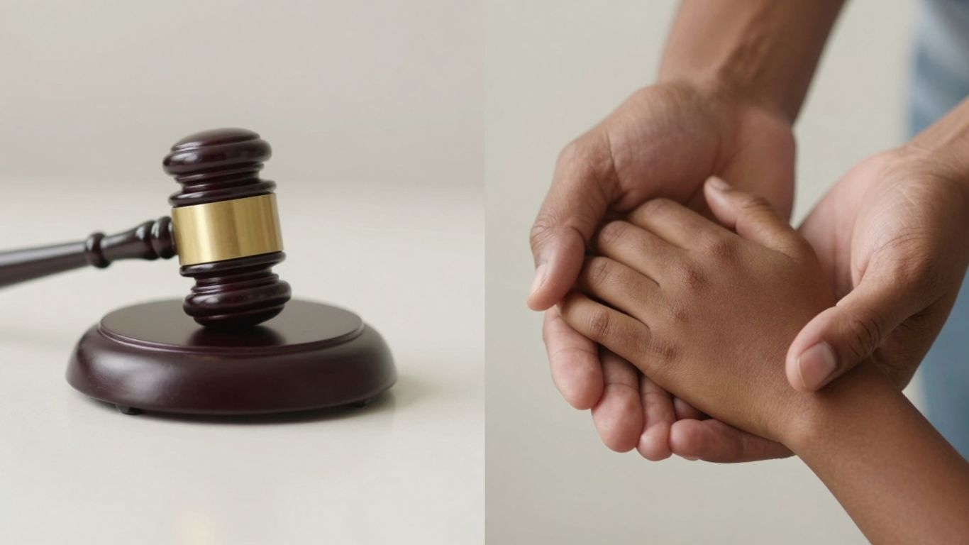 Gavel and hands holding child's hand