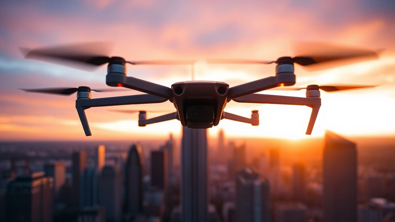 Drone flying over city at sunset.