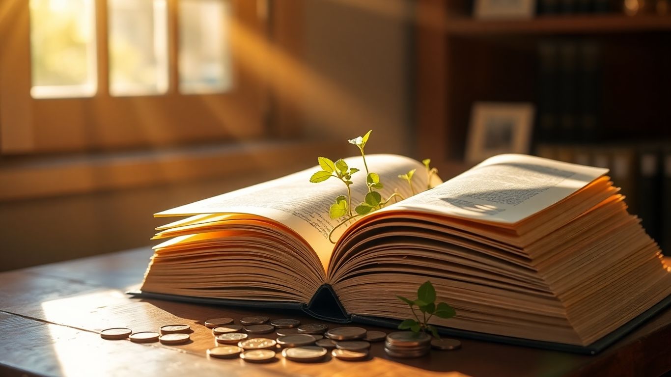 Books on trading and investing with coins and plant.