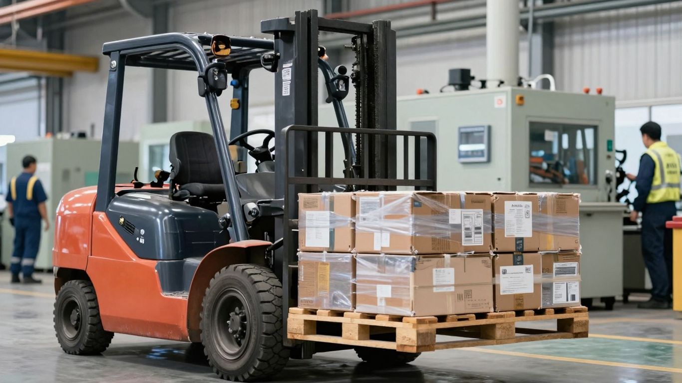 รถโฟล์คลิฟท์กำลังทำงานในโรงงานอย่างปลอดภัย