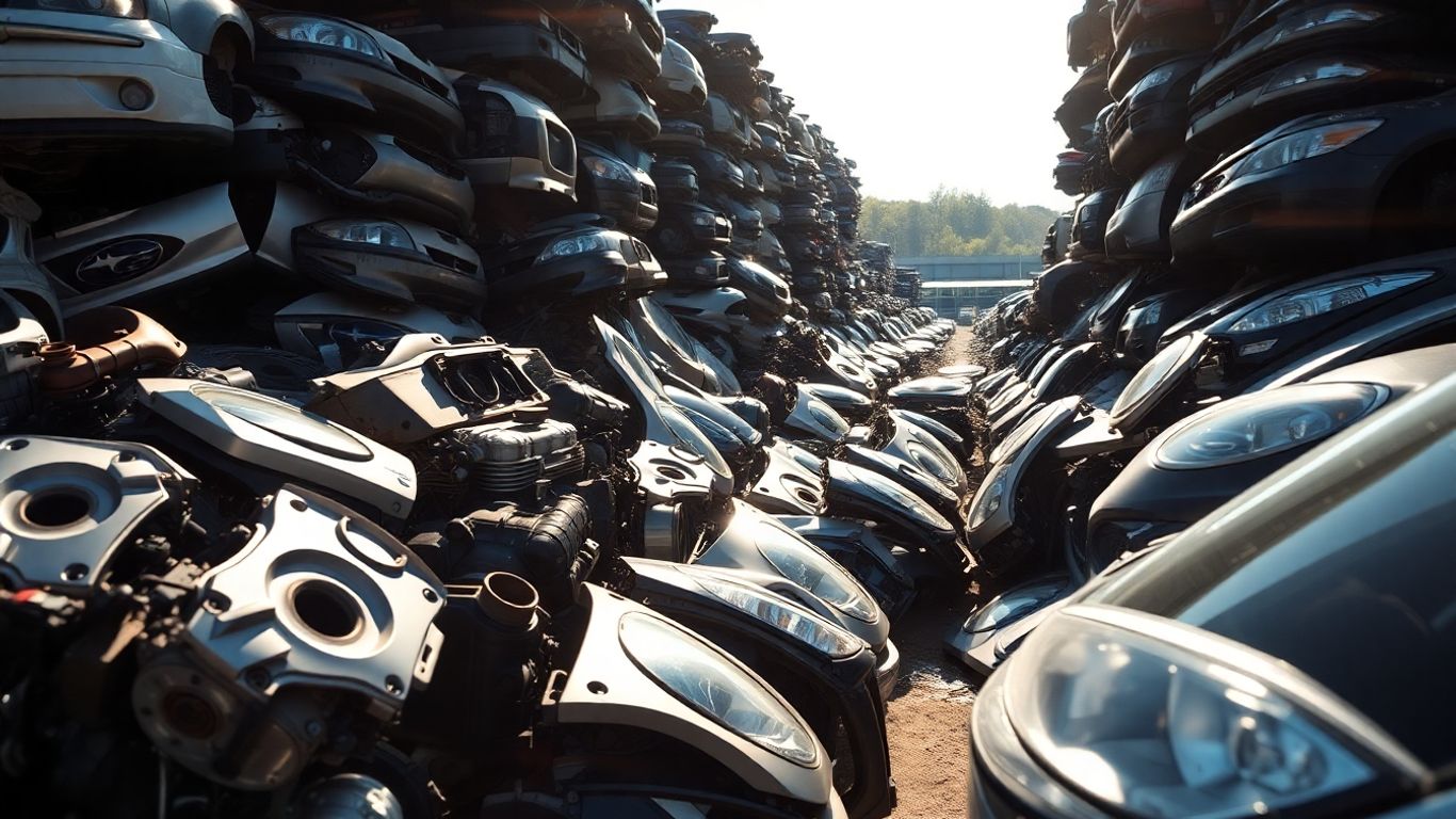 Subaru car parts at a wrecking yard.