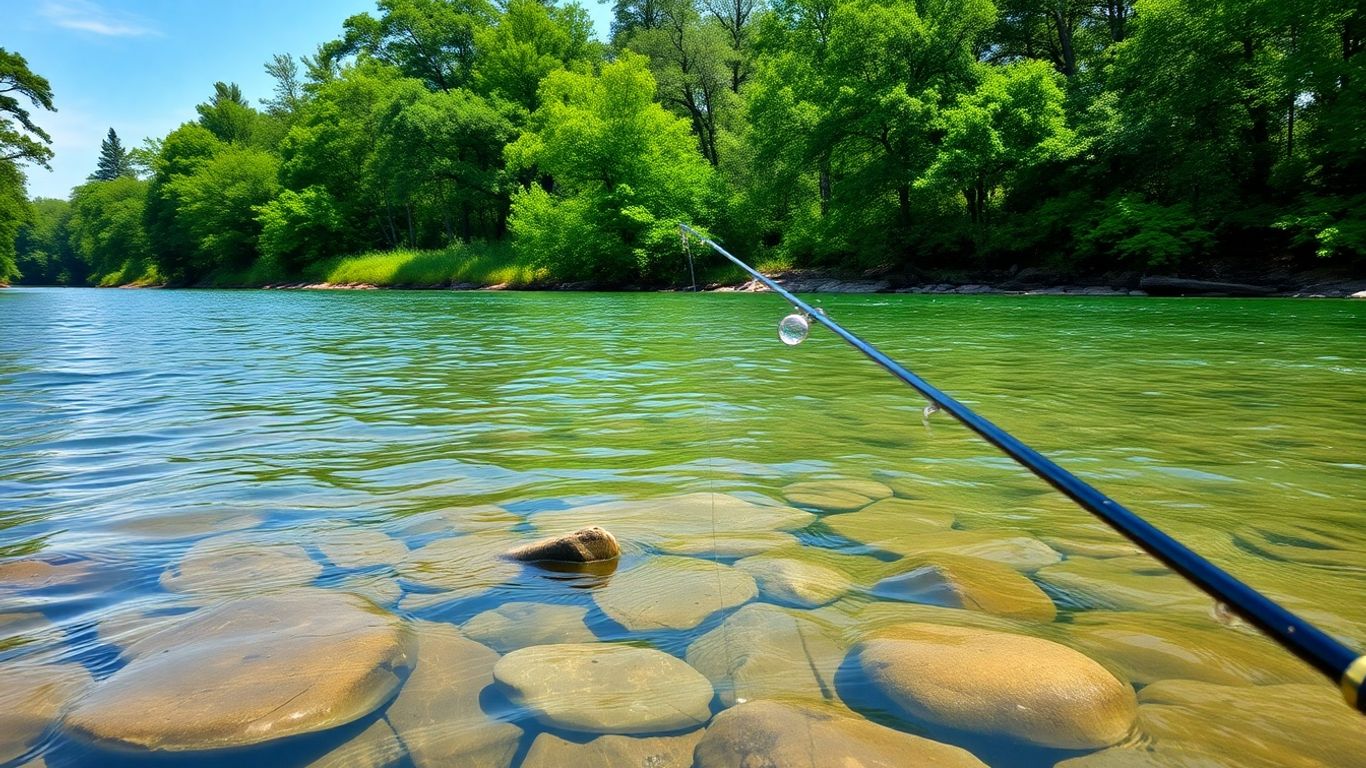 Pesca em rio sereno com vegetação exuberante nas margens.