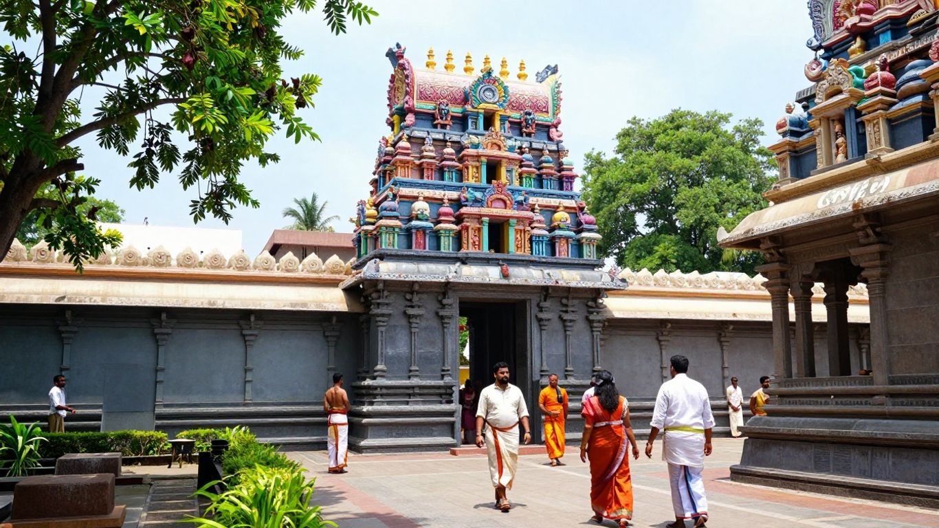 South Indian temple architecture with devotees and gopurams.