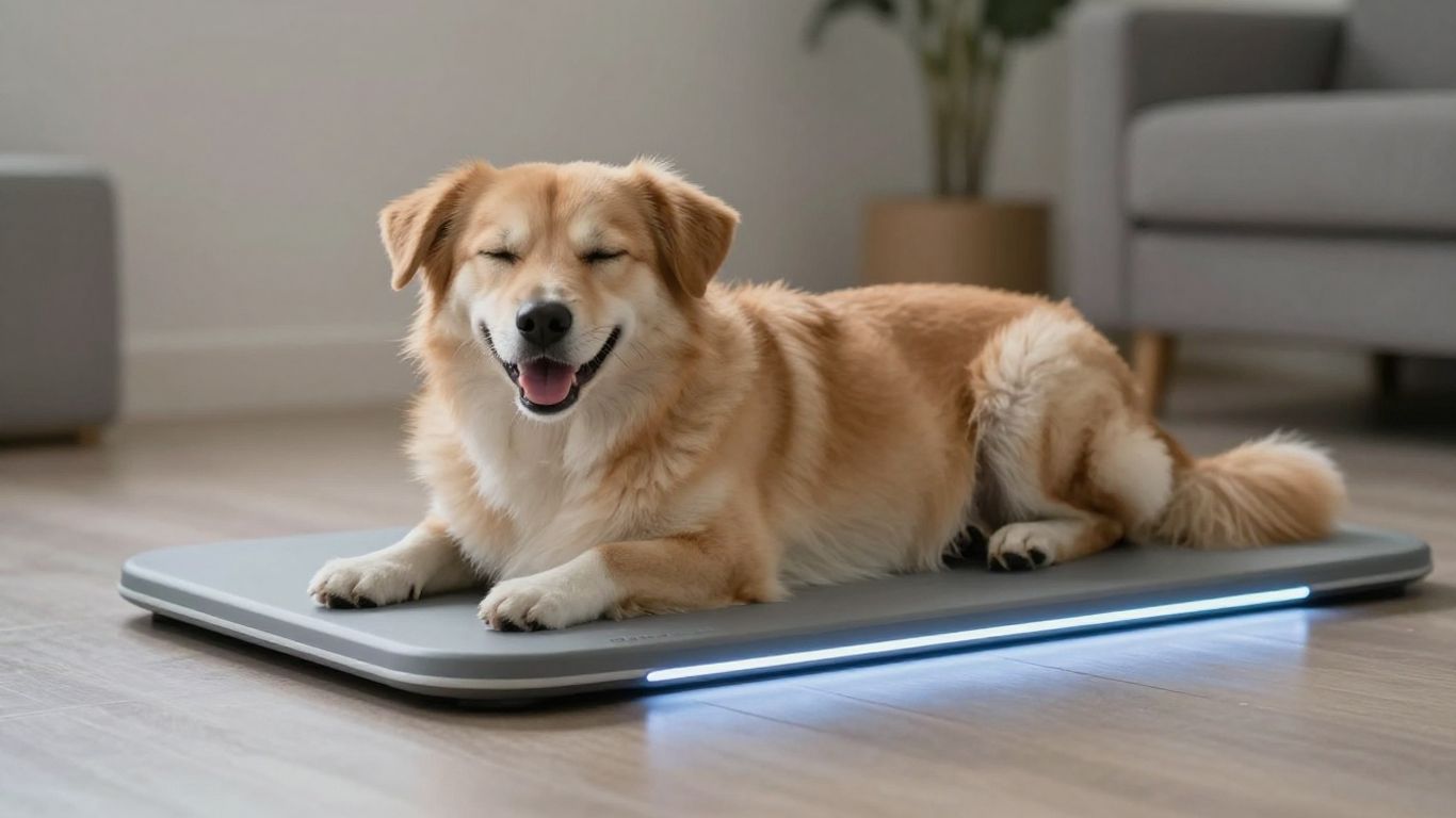 Dog relaxing on a PEMF mat for wellness.