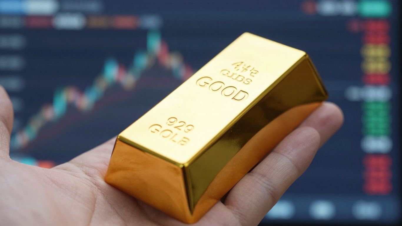 一只金色的手拿着一根金条，站在电子屏幕前。