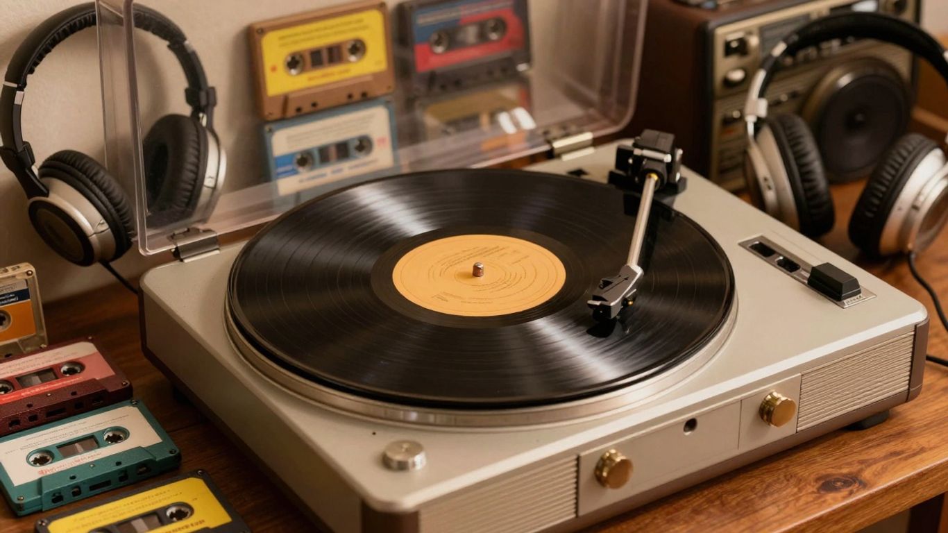 Vintage record player, cassette tapes, and headphones.