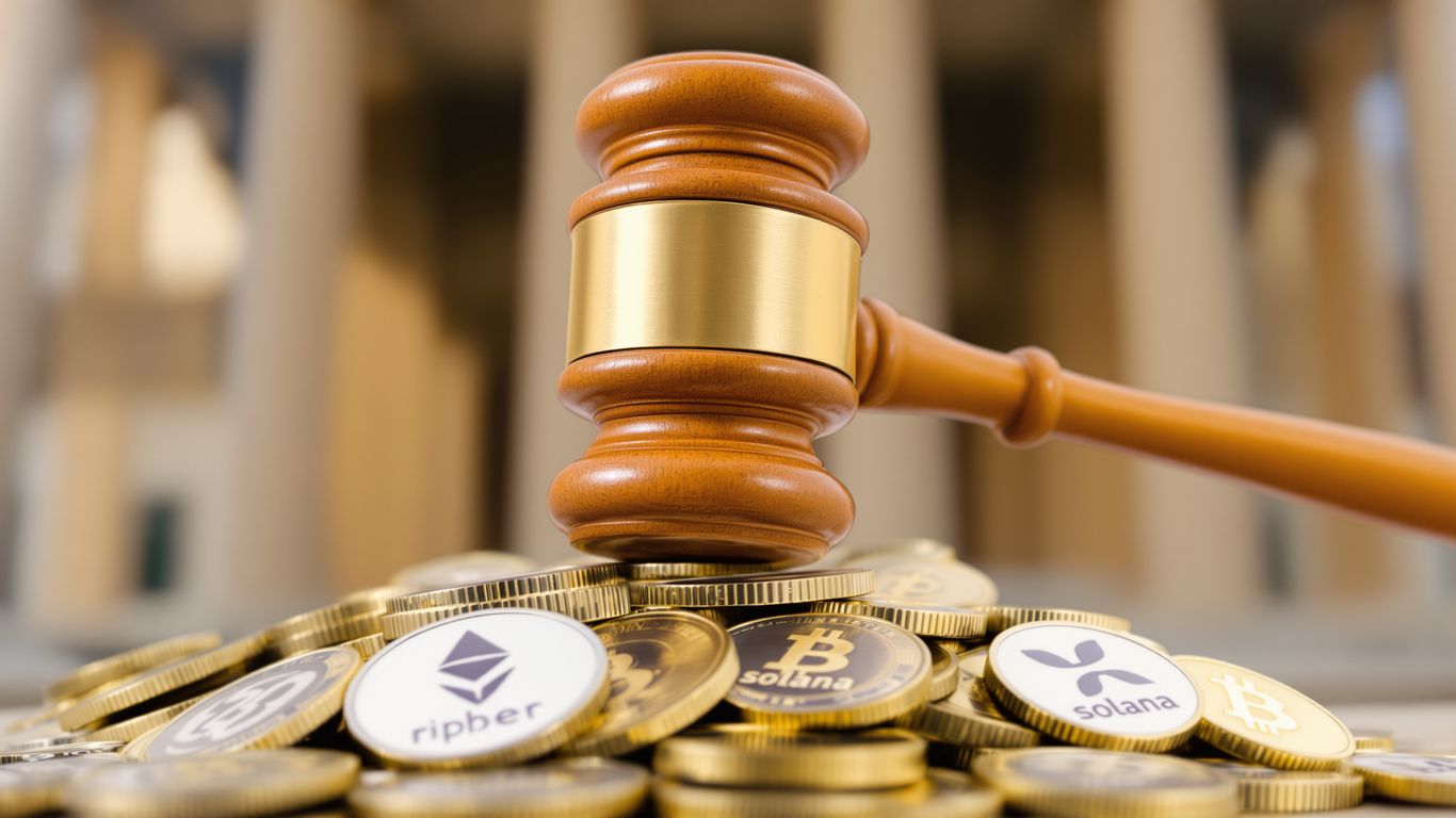 Gavel striking digital currency coins