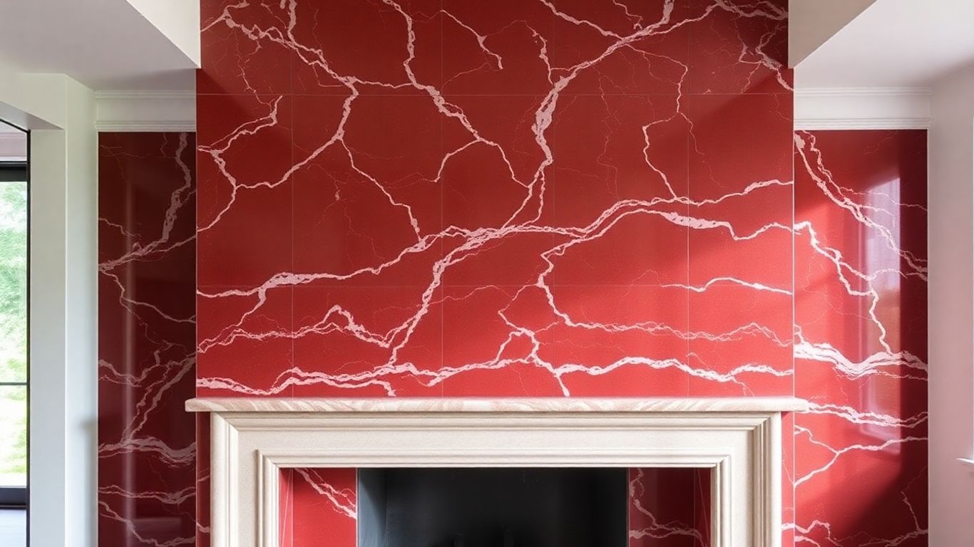 Rojo Alicante marble fireplace and accent wall
